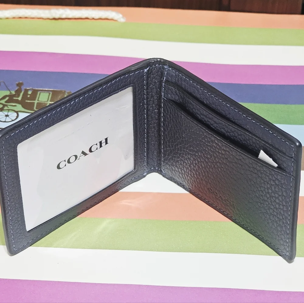 NEW Coach Compact Bifold Wallet Midnight Navy Blue CM167 pebble leather ID Card - Picture 2 of 6